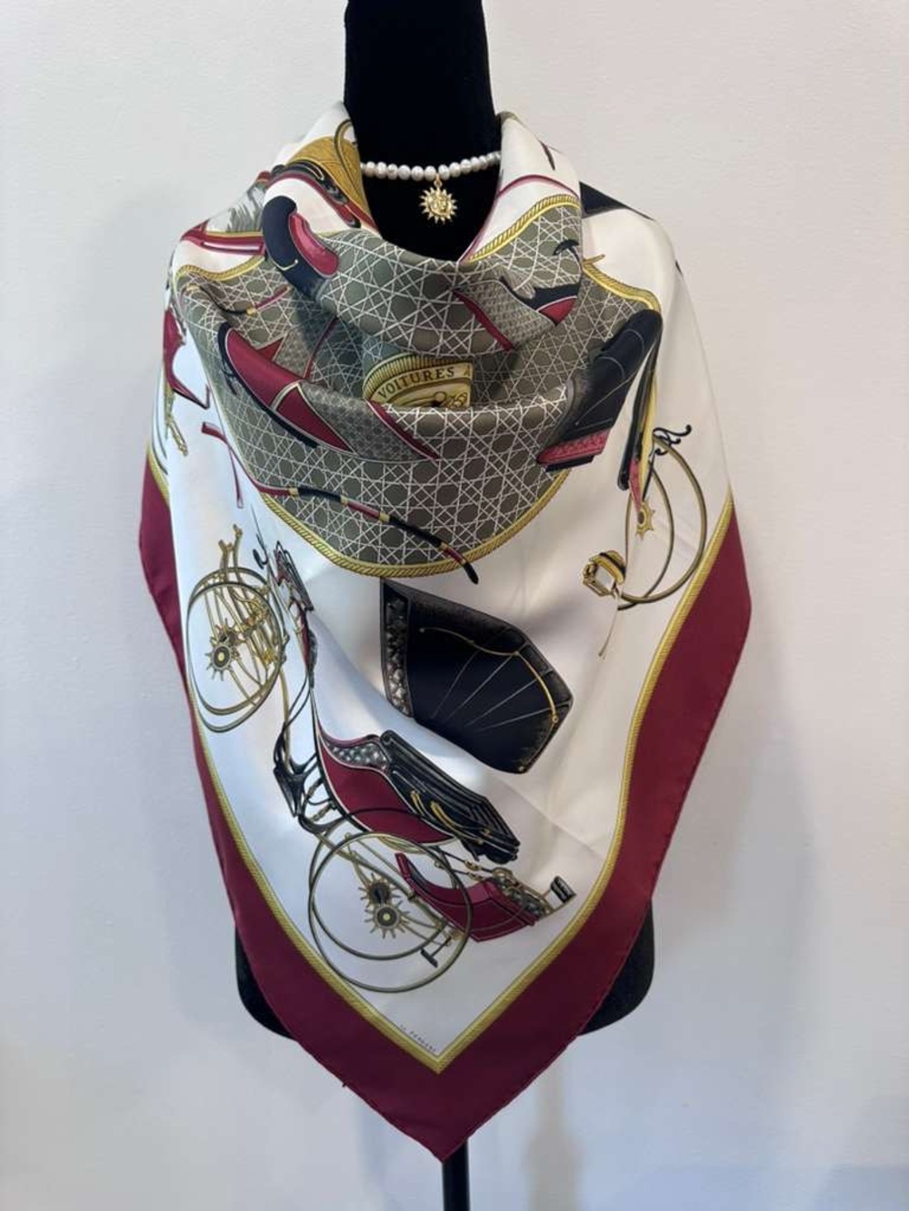 Hermes Silk Scarf White Red Gold Hand Rolled Made in France